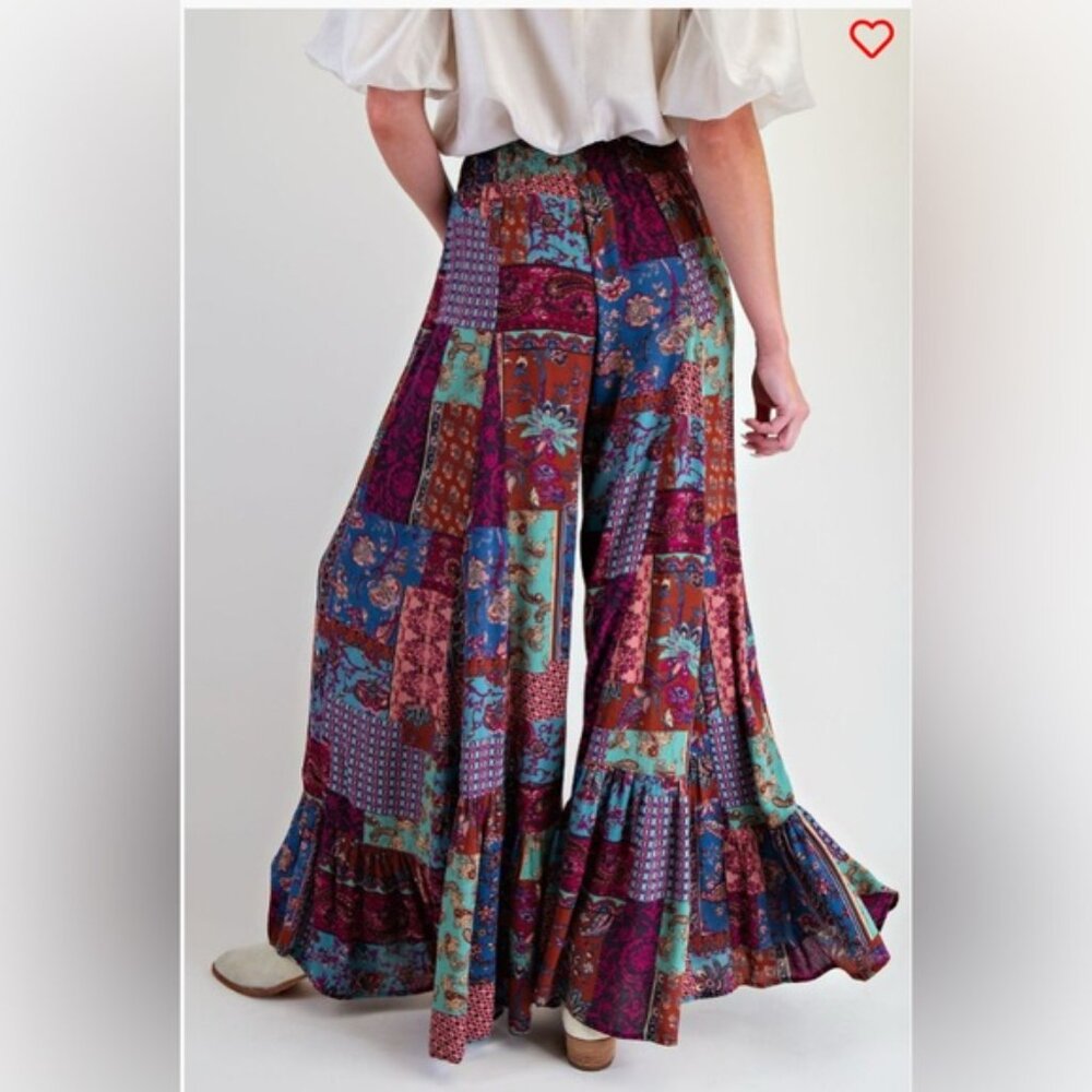 Easel Sage patchwork ruffle hem Pallazo PLUS SIZE Pants in plum & green 1X NWT - Picture 6 of 7
